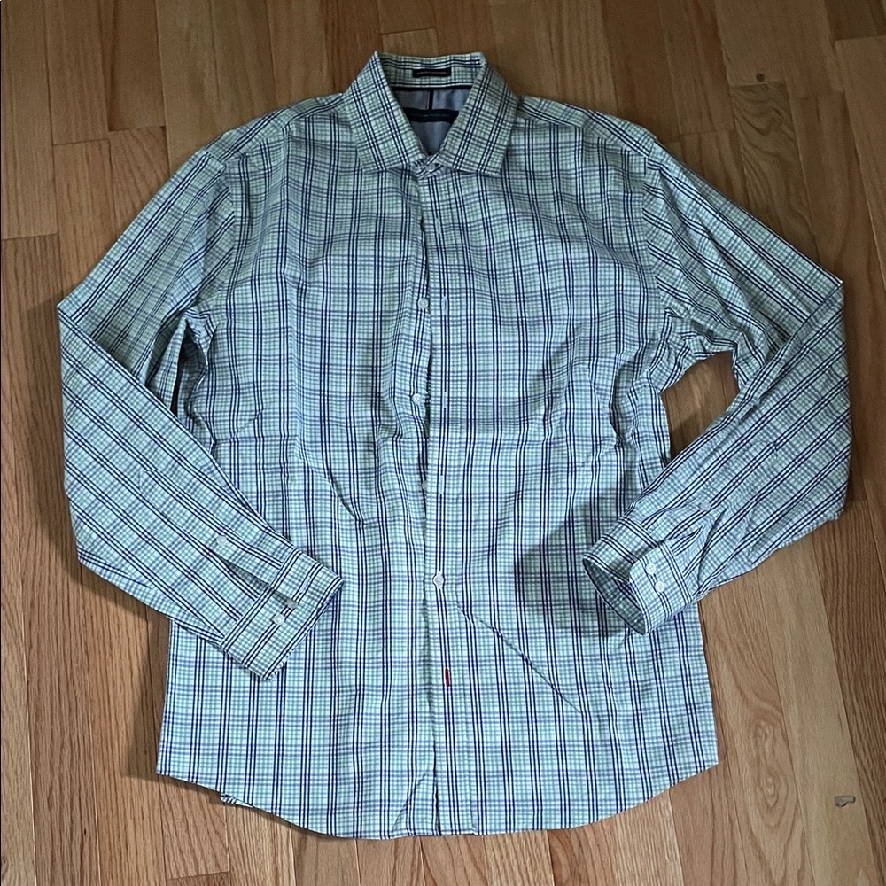 Tommy Hilfiger Shirt Mens Neck 15.5 Blue Green Check Plaid Slim Fit Button Up